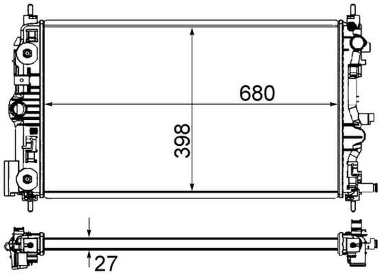 BEHR HELLA SERVICE Radiator 11312021 Radiator type: Brazed cooling fins, Core Length [mm]: 680, Core Width [mm]: 398, Core Depth [mm]: 27, Water Tank Material (radiator): Plastic, Transmission Type: Manual Transmission