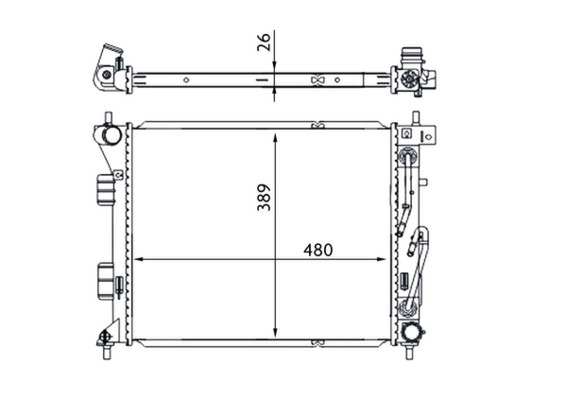 BEHR HELLA SERVICE Radiator 11312208 Radiator type: Brazed cooling fins, Core Length [mm]: 480, Core Width [mm]: 369, Core Depth [mm]: 26, Water Tank Material (radiator): Plastic, Transmission Type: Automatic Transmission