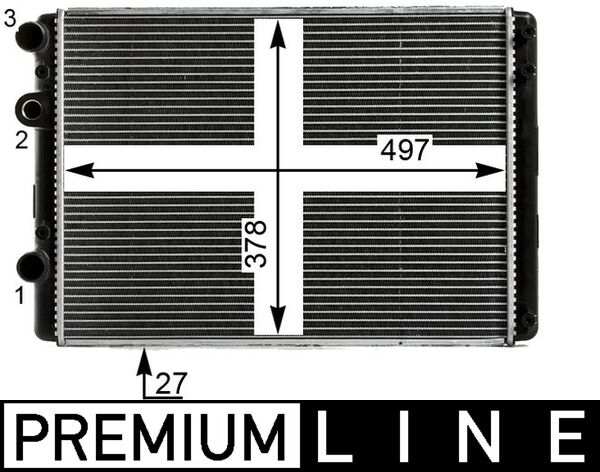 BEHR HELLA SERVICE Radiator 11311288 Radiator type: Brazed cooling fins, Core Length [mm]: 497, Core Width [mm]: 378, Core Depth [mm]: 27, Diameter 1 [mm]: 32, Diameter 2 [mm]: 20, Diameter 3 [mm]: 32, Vehicle Equipment: for vehicles without air conditioning, Transmission Type: Manual Transmission