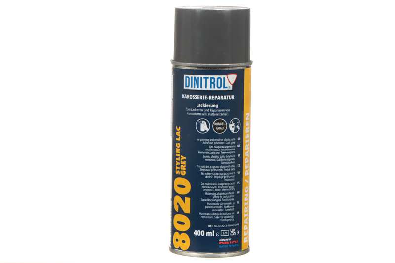 DINITROL Stoßfänger-Farbe 11210482 Dinitrol 8020 ml Grauspray, Dinitrol 8020 Spray Fast -dry Acryllack für die Renovierung von Plastikteilen. Um die Struktur beschädigter Kunststoffoberflächen wiederherzustellen, wird das Dinitrol 820 -Spray zuerst verwendet und dann nach dem Trocknen die Oberfläche mit einem 8020 Acrylspray bestreuen, um einen fast vollständig neuen Zustand wiederzugewinnen. Der resultierende Seidenfilm ist gegen die Straße und das Waschen resistent. Der Lösungsmittelgehalt greift die für Fahrzeuge verwendeten K