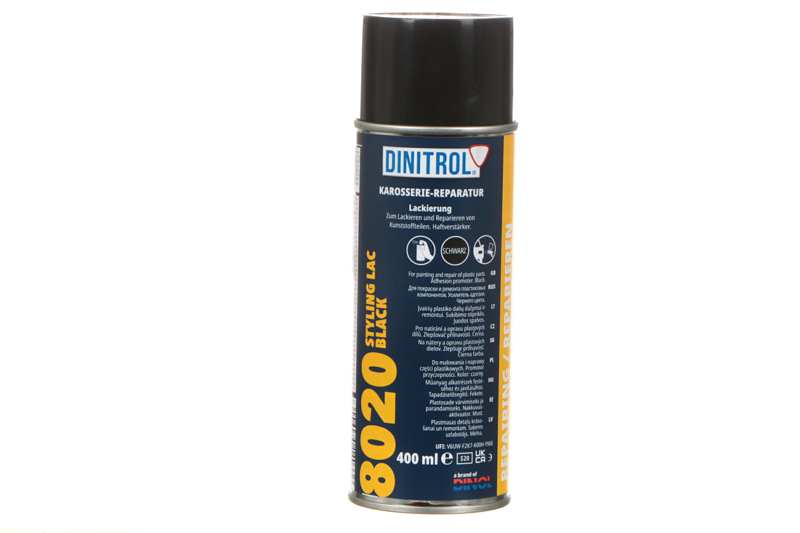 DINITROL Stoßfänger-Farbe 11210483 Dinitrol 8020 400 ml Schwarzes Spray, Dinitrol 8020 Spray für schnell trockene Acryllacken für die Renovierung von Plastikteilen. Um die Struktur beschädigter Kunststoffoberflächen wiederherzustellen, wird das Dinitrol 820 -Spray zuerst verwendet und dann nach dem Trocknen die Oberfläche mit einem 8020 Acrylspray bestreuen, um einen fast vollständig neuen Zustand wiederzugewinnen. Der resultierende Seidenfilm ist gegen die Straße und das Waschen resistent. Der Lösungsmittelgehalt greift die für