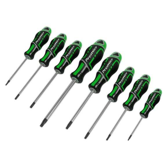 SEALEY Torx-screwdriver set 11325095 8 pcs, hi-vvis green comfort handle, CR-VA, Magnetized mountain, security trx-Star: T8H x 60, T10h x 80, T15H x 80, T20H X 100, T25H X 100, T27H X 100, T30H X 100, T40H x 125 mm