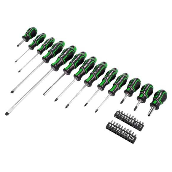 SEALEY Screwdriver Set 11325099 33 pcs screwdriver and bit set, Hi-Vvis Green comfort handle, CR-VA, Magnetized mountain, flat: 6 x 38, 3 x 75, 4 x 100, 6 x 150, 8 x200 mm, Phillips: #2 x 38 , #1 x 75, #2 x 100 mm, posi: #2 x 38, #1 x 75, #2 x 100 mm; Bits: Flat: 3, 4, 5, 6 mm, Phillips: #0, #1, #2, #3, Positive: #0, #1, #2, #3, TRX -STAR* - T10, T15, T20, T25, T30, Hex - 3, 4, 5 mm, bit collection handle; 38 & 150 mm