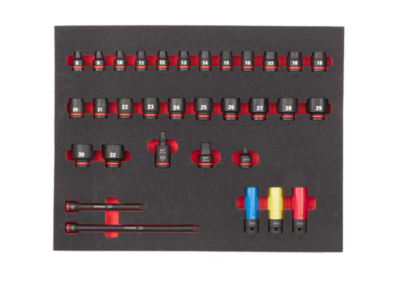 MILWAUKEE Steckschlüsselsatz 11325476 Maschinen -Kurzstecker -Set in Schaum, 1/2, 32 Stcs, Größen: Kurzsteckerschlüssel: 8, 9, 10, 11, 12, 13, 14, 15, 16, 17, 18, 19, 20, 20, 21, 21, 22, 23, 24, 25, 26, 27, 28, 29, 30, 32 mm, Adapter, 17/19/21mm 1/2 - Steckerschlüssel für leichte Metallfelgen