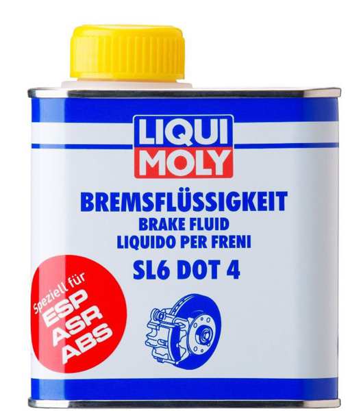 LIQUI-MOLY Brake fluid 11297913 Brake Fluid SL6 DOT 4, 500ml, glycol meter and its boric acid ester-based brake fluid. It is well suited to vehicles with hydraulic brake and clutch systems for which synthetic brake fluid is prescribed. Optimally suitable for vehicles with ESP/DSC, ABS and/or ASR security systems.
Packing Type: Tin, Capacity [ml]: 500, DIN/ISO: ISO 4925 Class 6, Manufacturer Approval: FMVSS 116 DOT 4, FMVSS 116 DOT 3, SAE J 1703/J 1704, Oil manufacturer recommendation: Audi 501 14 TL 766-Z, BMW QV 34 1, GM Eur 1.