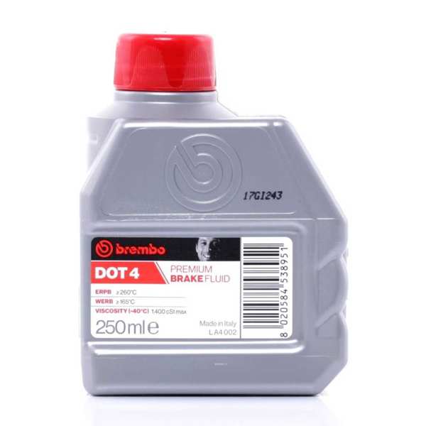 BREMBO Bremsflüssigkeit 10171206 Nasssiedepunkt [°C]: 165, Trockensiedepunkt [°C]: 260, Gebindeart: Flasche, Inhalt [Liter]: 0,25, Gewicht [kg]: 0,26, Qualität: DOT 4 Sicherheitsinformation: Nur Bremsflüssigkeit gemäß Herstellerangaben verwenden!
Inhalt [Liter]: 0,25, Gebindeart: Flasche, Trockensiedepunkt [°C]: 245, Nasssiedepunkt [°C]: 157, Bremsflüssigkeit Viskosität bei -40°C: 1500
Kann aus Gründen der Qualitätssicherung nicht zurückgenommen werden! 1.