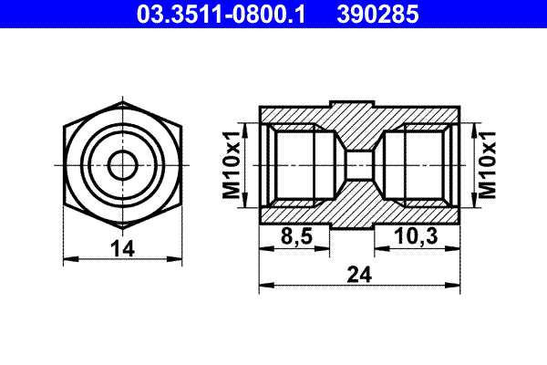 ATE Adapter, Bremsleitung 10906481 4 Stk./Packung
Gewindemaß: M10x1, Gewindeausführung: DIN 74235 Form FL, Länge [mm]: 8,5, Länge über Alles [mm]: 24,0, Schlüsselweite 1 [mm]: 14