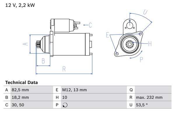 BOSCH Starter 286642 renewed
Voltage [V]: 12, Rated Power [kW]: 2,2, Number of mounting bores: 1, Number of thread bores: 1, Number of Teeth: 10, Clamp: 50, 30, Flange O [mm]: 82,5, Rotation Direction: Clockwise rotation, Pinion Rest Position [mm]: 18,2, Starter Type: Floating pinion, Thread Size: M12, Bore O 2 [mm]: 13, Length [mm]: 232, Position / Degree: rechts, Connecting Angle [Degree]: 53, Fastening hole angle measurement [Degree]: 53