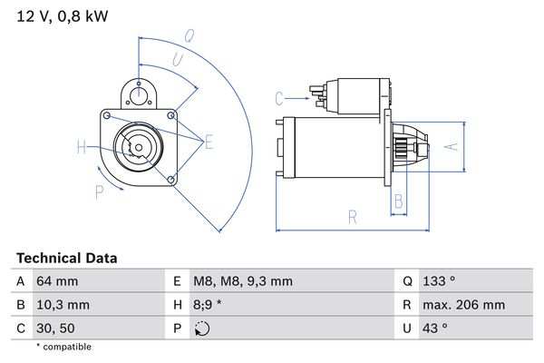 BOSCH Starter 286616 renewed
Voltage [V]: 12, Rated Power [kW]: 0,8, Number of mounting bores: 1, Number of thread bores: 2, Number of Teeth: 9, 8, Clamp: 50, 30, Flange O [mm]: 64, Rotation Direction: Clockwise rotation, Pinion Rest Position [mm]: 10,3, Starter Type: Self-supporting, Thread Size: M8, Thread Size 1: M8x1.25, Bore O 3 [mm]: 9,3, Length [mm]: 206, Position / Degree: rechts, Connecting Angle [Degree]: 43, Jaw opening angle measurement [Degree]: 133, Fastening hole angle measurement [Degree]: 43