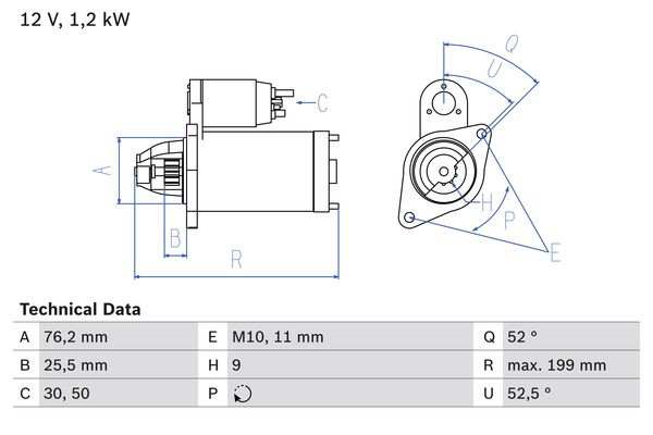 BOSCH Starter 286658 renewed
Voltage [V]: 12, Rated Power [kW]: 1,2, Number of mounting bores: 1, Number of threaded holes: 1, Number of Teeth: 9, Clamp: 30,50, Flange O [mm]: 76,2, Rotation Direction: Clockwise rotation, Pinion Rest Position [mm]: 25,5, Starter Type: Self-supporting, Thread Size: M10x1.5, Bore O 2 [mm]: 11, Length [mm]: 199, Position/Degree: rechts, Mounting Angle [degrees]: 52, Jaw opening angle measurement [Degree]: 52, Fastening hole angle measurement [Degree]: 52