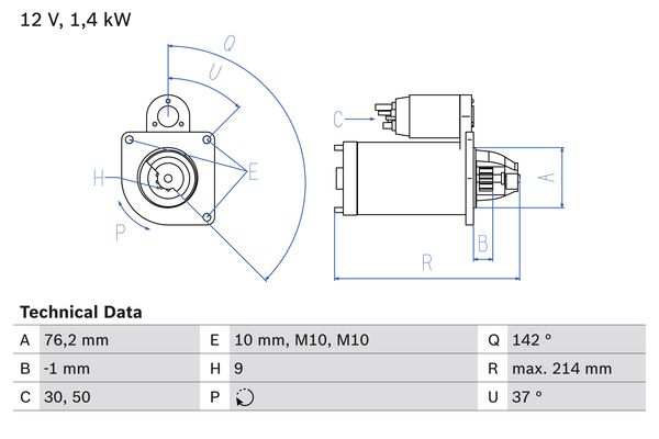 BOSCH Starter 286657 Überholt
Spannung [V]: 12, Starterleistung [kW]: 1,4, Anzahl der Befestigungsbohrungen: 1, Anzahl der Gewindebohrungen: 2, Zähnezahl: 9, Klemme: 50, 30, Flansch-O [mm]: 76,2, Drehrichtung: Drehrichtung im Uhrzeigersinn, Ritzel-Grundposition [mm]: -1, Starterausführung: eigengelagert, Gewindemaß 1: M10x1.5, Gewindemaß 2: M10x1.5, Bohrung-O [mm]: 10, Länge [mm]: 214, Lage/Grad: rechts, Befestigungswinkel [Grad]: 37, Winkelmaß Maulöffnung [Grad]: 142, Winkelmaß Befestigungsbohrung [Grad]: 37