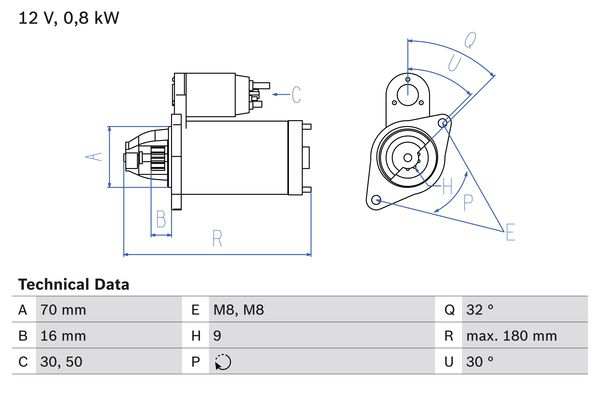 BOSCH Starter 286673 renewed
Voltage [V]: 12, Rated Power [kW]: 0,8, Number of mounting bores: 0, Number of thread bores: 2, Number of Teeth: 9, Clamp: 50, 30, Flange O [mm]: 70, Rotation Direction: Clockwise rotation, Pinion Rest Position [mm]: 16, Starter Type: Self-supporting, Thread Size: M8, Thread Size 1: M8x1.25, Length [mm]: 180, Position / Degree: rechts, Connecting Angle [Degree]: 30, Jaw opening angle measurement [Degree]: 32, Fastening hole angle measurement [Degree]: 30