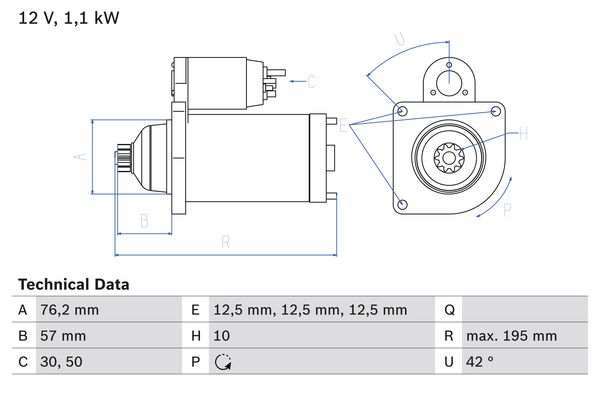 BOSCH Starter 286632 renewed
Voltage [V]: 12, Rated Power [kW]: 1,1, Number of mounting bores: 3, Number of threaded holes: 0, Number of Teeth: 10, Clamp: 50, 30, Flange Diameter [mm]: 76,2, Rotation Direction: Anticlockwise rotation, Pinion Rest Position [mm]: 57, Starter Type: Floating pinion, Bore Diameter [mm]: 12,5, Bore Diameter 2 [mm]: 12,5, Bore O 3 [mm]: 12,5, Length [mm]: 195, Position/Degree: links, Mounting Angle [degrees]: 42, Fastening hole angle measurement [Degree]: 42