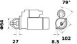 MAHLE ORIGINAL Starter 11172787 Spannung [V]: 12, Starterleistung [kW]: 1,1, Zähnezahl: 9, Flansch-O [mm]: 64,0, Befestigungswinkel [Grad]: 79,0, Anzahl der Befestigungsbohrungen: 2, Durchmesser der Befestigungspunkte [mm]: 102,0, Bohrung-O 1 [mm]: 8,5, Drehrichtung: Drehrichtung im Uhrzeigersinn, für Schwungradtiefe [mm]: 27,0, Zahnteilung [mm]: 10,46, Getriebeart: mit Reduktionsgetriebe, Gewindemaß: M 8 2.