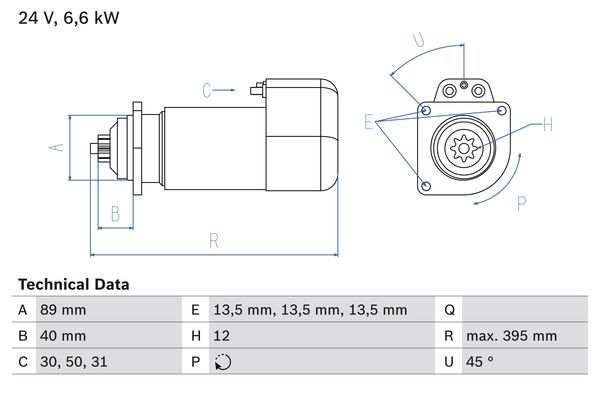 BOSCH Starter 482004 Überholt
Spannung [V]: 24, Starterleistung [kW]: 6,6, Anzahl der Befestigungsbohrungen: 3, Anzahl der Gewindebohrungen: 0, Zähnezahl: 12, Klemme: 30, 50, 31, Flansch-O [mm]: 89, Drehrichtung: Drehrichtung im Uhrzeigersinn, Ritzel-Grundposition [mm]: 40, Starterausführung: freiausstoßend, Bohrung-O [mm]: 13,5, Bohrung-O 2 [mm]: 13,5, Bohrung-O 3 [mm]: 13,5, Länge [mm]: 395, Lage/Grad: links, Befestigungswinkel [Grad]: 45, Winkelmaß Befestigungsbohrung [Grad]: 45