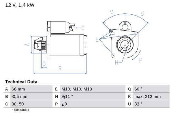 BOSCH Starter 482060 Überholt
Spannung [V]: 12, Starterleistung [kW]: 1,4, Anzahl der Befestigungsbohrungen: 0, Anzahl der Gewindebohrungen: 3, Zähnezahl: 11, 9, Klemme: 50, 30, Flansch-O [mm]: 66, Drehrichtung: Drehrichtung im Uhrzeigersinn, Ritzel-Grundposition [mm]: -0,5, Starterausführung: eigengelagert, Gewindemaß: M10, Gewindemaß 1: M10x1.5, Gewindemaß 2: M10x1.5, Länge [mm]: 212, Lage/Grad: links, Befestigungswinkel [Grad]: 32, Winkelmaß Maulöffnung [Grad]: 60, Winkelmaß Befestigungsbohrung [Grad]: 32