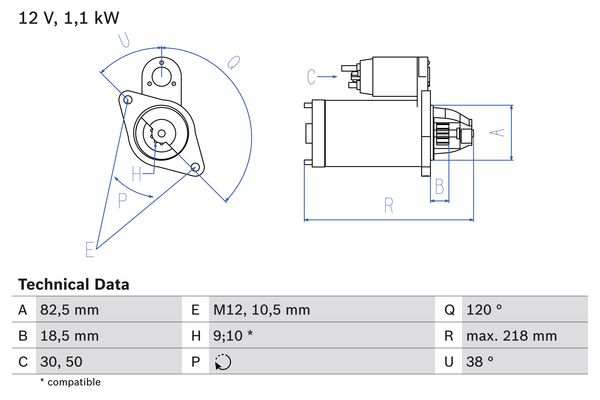 BOSCH Starter 482037 Überholt
Spannung [V]: 12, Starterleistung [kW]: 1,1, Anzahl der Befestigungsbohrungen: 1, Anzahl der Gewindebohrungen: 1, Zähnezahl: 10, 9, Klemme: 50, 30, Flansch-O [mm]: 82,5, Drehrichtung: Drehrichtung im Uhrzeigersinn, Ritzel-Grundposition [mm]: 18,5, Starterausführung: eigengelagert, Gewindemaß: M12, Bohrung-O 2 [mm]: 10,5, Länge [mm]: 218, Lage/Grad: links, Befestigungswinkel [Grad]: 38, Winkelmaß Maulöffnung [Grad]: 120, Winkelmaß Befestigungsbohrung [Grad]: 38