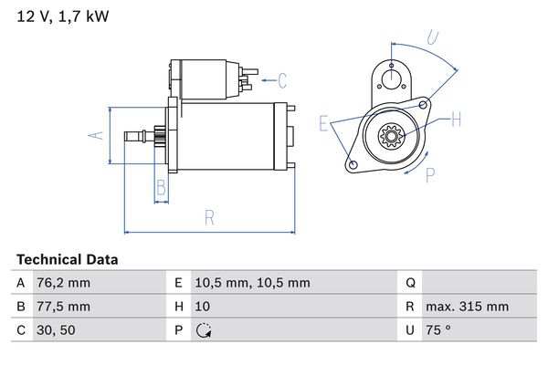 BOSCH Starter 482034 Überholt
Spannung [V]: 12, Starterleistung [kW]: 1,7, Anzahl der Befestigungsbohrungen: 2, Anzahl der Gewindebohrungen: 0, Zähnezahl: 10, Klemme: 50, 30, Flansch-O [mm]: 76,2, Drehrichtung: Drehrichtung gegen den Uhrzeigersinn, Ritzel-Grundposition [mm]: 77,5, Starterausführung: fremdgelagert, Bohrung-O [mm]: 10,5, Bohrung-O 2 [mm]: 10,5, Länge [mm]: 315, Lage/Grad: rechts, Befestigungswinkel [Grad]: 75, Winkelmaß Befestigungsbohrung [Grad]: 75