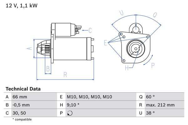 BOSCH Starter 482048 Überholt
Spannung [V]: 12, Starterleistung [kW]: 1,1, Anzahl der Befestigungsbohrungen: 3, Anzahl der Gewindebohrungen: 4, Zähnezahl: 10, 9, Klemme: 50, Flansch-O [mm]: 66, Drehrichtung: Drehrichtung im Uhrzeigersinn, Ritzel-Grundposition [mm]: -0,16, Starterausführung: eigengelagert, Gewindemaß: M10, Gewindemaß 1: M10x1.5, Gewindemaß 2: M10x1.5, Gewindemaß 3: M10x1.5, Länge [mm]: 212, Lage/Grad: links, Befestigungswinkel [Grad]: 38, Winkelmaß Maulöffnung [Grad]: 60, Winkelmaß Befestigungsbohru