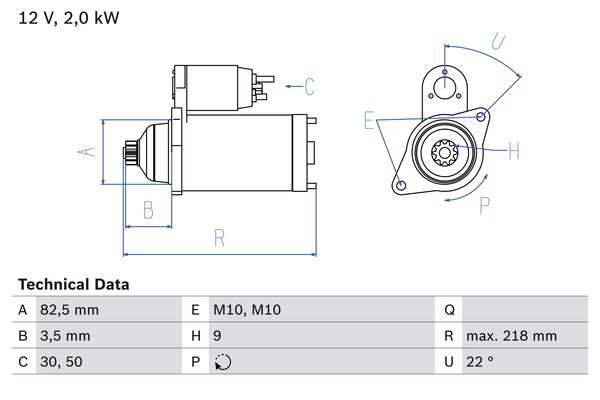 BOSCH Starter 482018 Überholt
Spannung [V]: 12, Starterleistung [kW]: 2, Anzahl der Befestigungsbohrungen: 0, Anzahl der Gewindebohrungen: 2, Zähnezahl: 9, Klemme: 50, 30, Flansch-O [mm]: 82,5, Drehrichtung: Drehrichtung im Uhrzeigersinn, Ritzel-Grundposition [mm]: 3,5, Starterausführung: freiausstoßend, Gewindemaß: M10, Gewindemaß 1: M10x1.5, Länge [mm]: 218, Lage/Grad: rechts, Befestigungswinkel [Grad]: 22, Winkelmaß Befestigungsbohrung [Grad]: 22