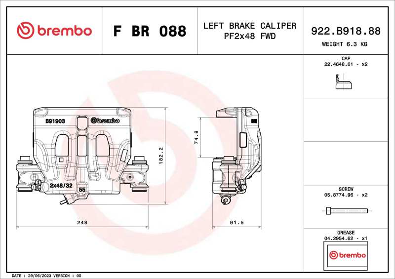 BREMBO Bremssattel 11390336 Einbauposition: links, Vorderachse, vor der Achse, Bremssystem: BREMBO, Material: Grauguss, für Bremsscheibendurchmesser [mm]: 330, Durchmesser [mm]: 48, Bremsscheibendicke [mm]: 32