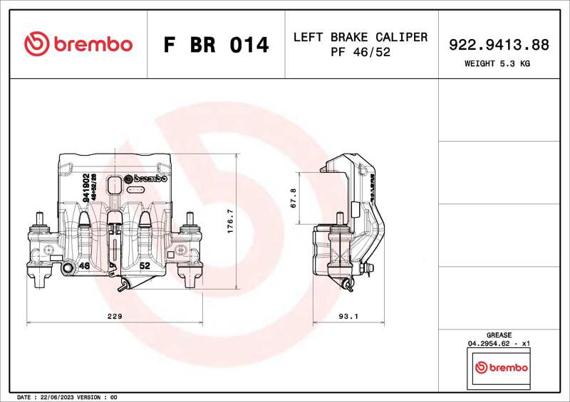 BREMBO Bremssattel 11390304 Einbauposition: vor der Achse, Vorderachse links, Bremssystem: BREMBO, Material: Grauguss, für Bremsscheibendurchmesser [mm]: 280, Durchmesser 1/Durchmesser 2 [mm]: 46 / 52, Bremsscheibendicke [mm]: 28