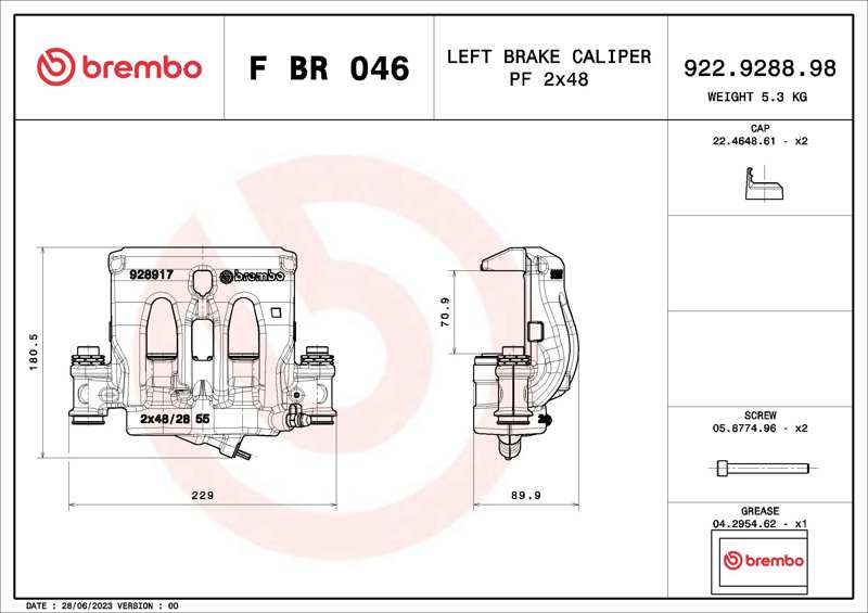 BREMBO Bremssattel 11390308 Einbauposition: hinter der Achse, Vorderachse links, Bremssystem: BREMBO, Material: Grauguss, Durchmesser [mm]: 48, Bremsscheibendicke [mm]: 28