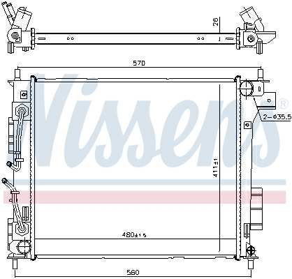 NISSENS Radiator 10371902 Cooling fins material: Aluminium, Core Depth [mm]: 26, Core Length [mm]: 480, Core Width [mm]: 411, Inlet O [mm]: 35,5, Outlet O [mm]: 35,5, Radiator type: Brazed cooling fins, Water Tank Material (radiator): Plastic