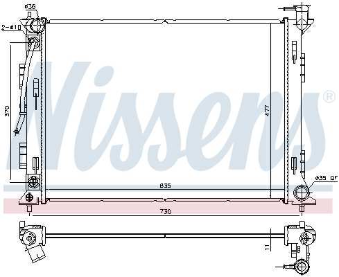 NISSENS Radiator 10400153 Cooling fins material: Aluminium, Core Depth [mm]: 16, Core Length [mm]: 635, Core Width [mm]: 468, Inlet O [mm]: 35, Outlet O [mm]: 35, Radiator type: Brazed cooling fins, Supplementary Article/Info 2: without expansion tank, Supplementary Article/Supplementary Info: with oil cooler, without gasket/seal, Water Tank Material (radiator): Plastic