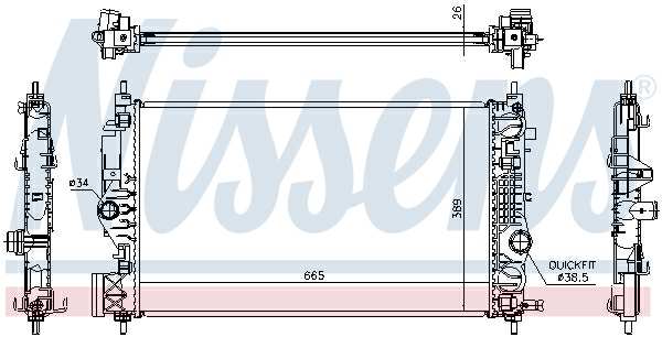 NISSENS Radiator 10657390 Cooling fins material: Aluminium, Core Depth [mm]: 26, Core Length [mm]: 655, Core Width [mm]: 389, Radiator type: Brazed cooling fins, Water Tank Material (radiator): Plastic