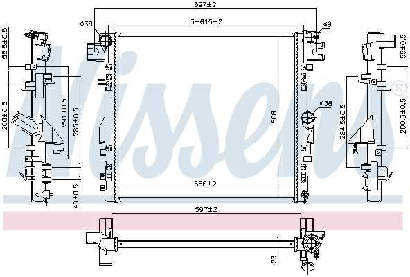 NISSENS Radiator 10657360 Cooling fins material: Aluminium, Core Depth [mm]: 26, Core Length [mm]: 557, Core Width [mm]: 508, Inlet O [mm]: 38, Outlet O [mm]: 38, Radiator type: Brazed cooling fins, Supplementary Article/Info 2: without expansion tank, Supplementary Article/Supplementary Info: with gaskets/seals, Water Tank Material (radiator): Plastic
