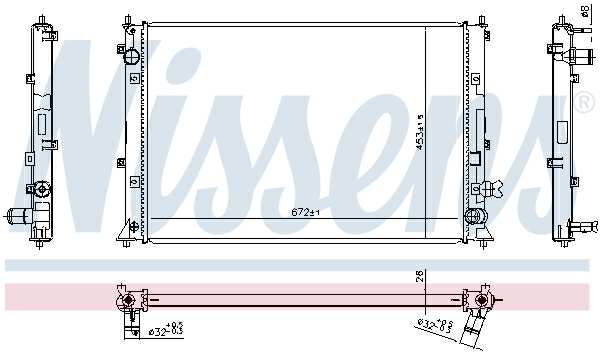 NISSENS Radiator 11280694 Cooling fins material: Aluminium, Core Depth [mm]: 26, Core Length [mm]: 674, Core Width [mm]: 453, Inlet O [mm]: 32, Outlet O [mm]: 32, Radiator type: Brazed cooling fins, Supplementary Article/Info 2: without expansion tank, Supplementary Article/Supplementary Info: without gasket/seal, Water Tank Material (radiator): Plastic