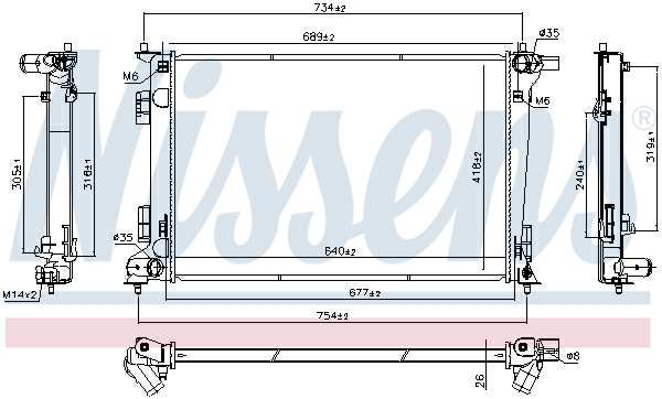 NISSENS Radiator 11243495 Cooling fins material: Aluminium, Core Depth [mm]: 26, Core Length [mm]: 640, Core Width [mm]: 418, Inlet O [mm]: 35, Outlet O [mm]: 35, Radiator type: Brazed cooling fins, Supplementary Article/Info 2: without expansion tank, Supplementary Article/Supplementary Info: without gasket/seal, Water Tank Material (radiator): Plastic