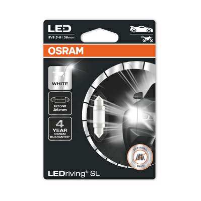 OSRAM LED-Glühlampe 11392924 OFF-ROAD-Lampe, im Straßenverkehr nicht zulässig! LEDriving® SL, C5W (36 mm), 12V, 0,6W, 1 Stück/Blister
Lampenart: LED, Spannung [V]: 12, Nennleistung [W]: 0,6, Sockelausführung Glühlampe: SV8.5-8, Länge [mm]: 36, Farbe: weiß, Gebindeart: Blisterpack
Kann aus Gründen der Qualitätssicherung nicht zurückgenommen werden! 1.