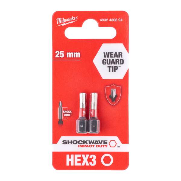 MILWAUKEE Bit 11397616 Shockwave Bit, hex3, 25mm, 2 pcs/pack 1.