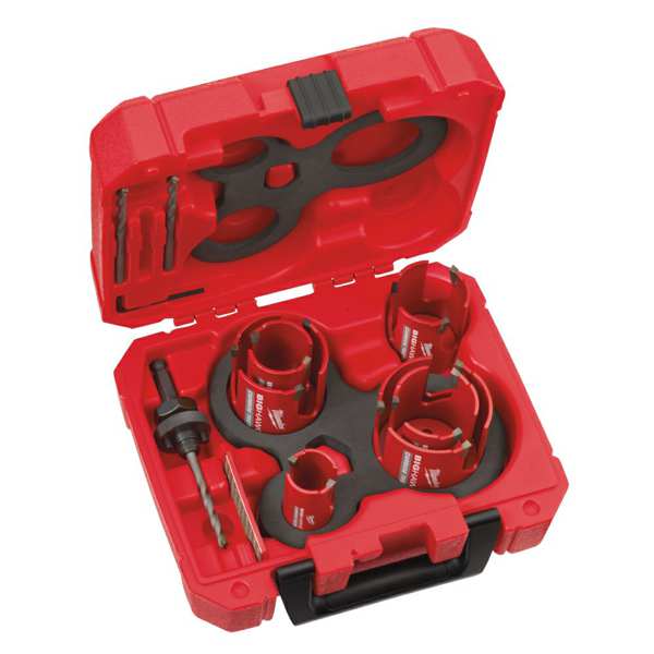 MILWAUKEE Holesaw set 11397977 BIG HAWG set for various materials, 10 parts, 35, 44, 51, 57,68, 76 mm. 1 x clamping and centering drill. 2 x centering drill. 1 x Diamond file. 1 x key