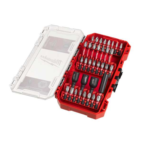 MILWAUKEE Bitkopf Satz 11398371 35-teiliges Shockwave-Bit-Set, SHOCKWAVE™ Schraubendreherbits: 24 x 25 mm lang 1 x PH1 /3 x PH2 / 1 x PH3, 2 x PZ1 / 3 x PZ2 / 1 x PZ3,2 x TX10 / 2 x TX15 / 3 x TX20 / 3 x TX25 / 2 x TX30 / 1 x TX40. 7 x 50 mm lang 1 x PH2 /1 x PZ2, 1 x TX15 / 1 x TX20 / 1 x TX25 / 1 x TX30/ 1x TX40. 3 x SHOCKWAVE™ magnetischer Steckschlüssel: 48 mm lang, 1 x Sechskant 7 mm / 1 x Sechskant 8 mm / 1 x Sechskant 10 mm. 1 x SHOCKWAVE™ magnetischer Bithalter 60 mm lang 1.