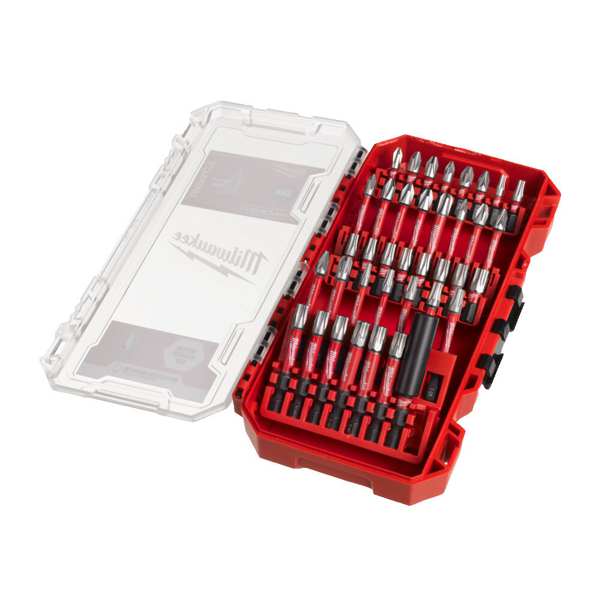 MILWAUKEE Bitkopf Satz 11397661 38-teiliges Shockwave-Bit-Set, SHOCKWAVE™ Schraubendreher-Bits: 24 x 25 mm lang, 1 x PH1 / 3 x PH2 / 1 x PH3, 2 x PZ1 / 3 x PZ2 / 1 x PZ3, 2 x TX10 / 2 x TX15 / 3 x TX20 / 3 x TX25 / 2 x TX30 / 1 x TX40. 7 x 50 mm lang 1 x PH2 / 1 x PZ2, 1 x TX15 / 1 x TX20 / 1 x TX25 / 1 x TX30 / 1x TX40. 3 x SHOCKWAVE™ magnetischer Steckschlüssel: 48 mm lang, 1 x Sechskant 7 mm / 1 x Sechskant 8 mm / 1 x Sechskant 10 mm. 1 x SHOCKWAVE™ magnetischer Bithalter 60 mm lang 1.