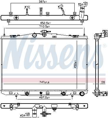 NISSENS Radiator 11399611 Cooling fins material: Aluminium, Core Depth [mm]: 26, Core Length [mm]: 450, Core Width [mm]: 747, Inlet O [mm]: 34, Outlet O [mm]: 34, Radiator type: Brazed cooling fins, Supplementary Article/Info 2: without expansion tank, Supplementary Article/Supplementary Info: with oil cooler, without gasket/seal, Water Tank Material (radiator): Plastic