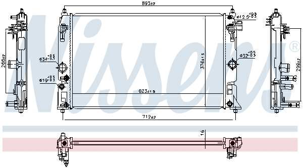NISSENS Radiator 11399612 Cooling fins material: Aluminium, Core Depth [mm]: 16, Core Length [mm]: 625, Core Width [mm]: 376, Inlet O [mm]: 34, Outlet O [mm]: 32, Radiator type: Brazed cooling fins, Supplementary Article/Info 2: without expansion tank, Supplementary Article/Supplementary Info: without gasket/seal, Water Tank Material (radiator): Plastic