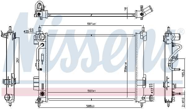 NISSENS Radiator 11399606 Cooling fins material: Aluminium, Core Depth [mm]: 16, Core Length [mm]: 500, Core Width [mm]: 358, Inlet O [mm]: 35, Outlet O [mm]: 33, Radiator type: Brazed cooling fins, Supplementary Article/Info 2: without expansion tank, Supplementary Article/Supplementary Info: with oil cooler, without gasket/seal, Water Tank Material (radiator): Plastic