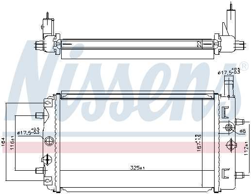 NISSENS Radiator 11399615 Cooling fins material: Aluminium, Core Depth [mm]: 22, Core Length [mm]: 325, Core Width [mm]: 187, Inlet O [mm]: 17,5, Outlet O [mm]: 17,5, Radiator type: Brazed cooling fins, Supplementary Article/Info 2: without expansion tank, Supplementary Article/Supplementary Info: without gasket/seal, Water Tank Material (radiator): Plastic