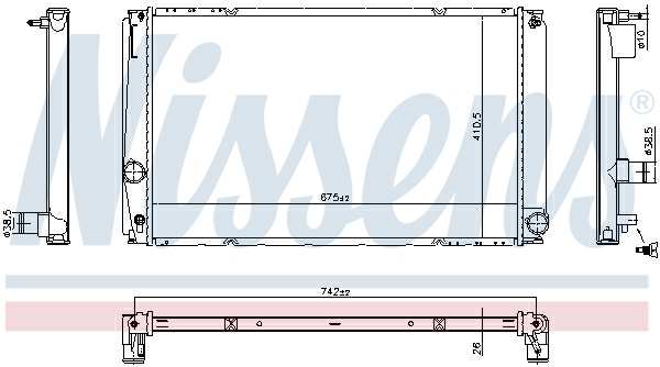 NISSENS Radiator 11399607 Cooling fins material: Aluminium, Core Depth [mm]: 26, Core Length [mm]: 675, Core Width [mm]: 411, Inlet O [mm]: 38,5, Outlet O [mm]: 38,5, Radiator type: Brazed cooling fins, Supplementary Article/Info 2: without cap, without expansion tank, Supplementary Article/Supplementary Info: with gaskets/seals, Water Tank Material (radiator): Plastic