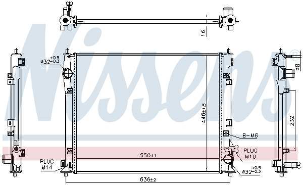 NISSENS Radiator 11399622 Cooling fins material: Aluminium, Core Depth [mm]: 16, Core Length [mm]: 550, Core Width [mm]: 446, Inlet O [mm]: 32, Outlet O [mm]: 32, Radiator type: Brazed cooling fins, Supplementary Article/Info 2: without expansion tank, Supplementary Article/Supplementary Info: without gasket/seal, Water Tank Material (radiator): Plastic
