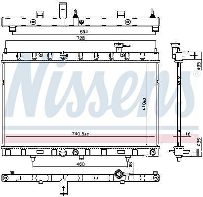 NISSENS Radiator 11399601 Cooling fins material: Aluminium, Core Depth [mm]: 16, Core Length [mm]: 410, Core Width [mm]: 741, Inlet O [mm]: 35, Outlet O [mm]: 35, Radiator type: Brazed cooling fins, Supplementary Article/Info 2: without cap, without expansion tank, Supplementary Article/Supplementary Info: with oil cooler, with gaskets/seals, Water Tank Material (radiator): Plastic