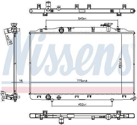NISSENS Radiator 11399609 Cooling fins material: Aluminium, Core Depth [mm]: 16, Core Length [mm]: 450, Core Width [mm]: 775, Inlet O [mm]: 32, Outlet O [mm]: 32, Radiator type: Brazed cooling fins, Supplementary Article/Info 2: without expansion tank, Supplementary Article/Supplementary Info: without gasket/seal, Water Tank Material (radiator): Plastic Technical Information: Radiator with 5mm system-Advanced technology with higher power effect