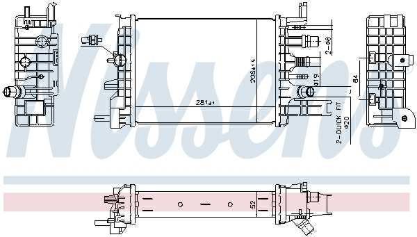 NISSENS Radiator 11399620 Cooling fins material: Aluminium, Core Depth [mm]: 52, Core Length [mm]: 281, Core Width [mm]: 208, Inlet O [mm]: 20, Outlet O [mm]: 20, Radiator type: Brazed cooling fins, Supplementary Article/Info 2: without cap, without expansion tank, Supplementary Article/Supplementary Info: with gaskets/seals, Water Tank Material (radiator): Plastic