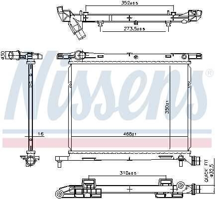 NISSENS Radiator 11399617 Cooling fins material: Aluminium, Core Depth [mm]: 16, Core Length [mm]: 350, Core Width [mm]: 468, Inlet O [mm]: 30, Outlet O [mm]: 32,5, Radiator type: Brazed cooling fins, Supplementary Article/Info 2: without cap, without expansion tank, Supplementary Article/Supplementary Info: with gaskets/seals, Water Tank Material (radiator): Plastic