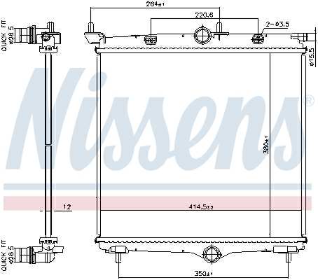 NISSENS Radiator 11399619 Cooling fins material: Aluminium, Core Depth [mm]: 12, Core Length [mm]: 380, Core Width [mm]: 415, Inlet O [mm]: 28,5, Outlet O [mm]: 28,5, Radiator type: Brazed cooling fins, Supplementary Article/Info 2: without expansion tank, Supplementary Article/Supplementary Info: with gaskets/seals, Water Tank Material (radiator): Plastic