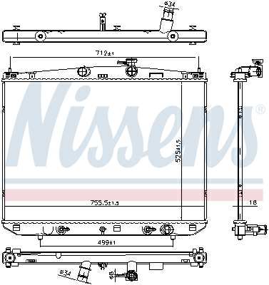 NISSENS Radiator 11399610 Cooling fins material: Aluminium, Core Depth [mm]: 16, Core Length [mm]: 525, Core Width [mm]: 756, Inlet O [mm]: 34, Outlet O [mm]: 34, Radiator type: Brazed cooling fins, Supplementary Article/Info 2: without cap, without expansion tank, Supplementary Article/Supplementary Info: with oil cooler, with gaskets/seals, Water Tank Material (radiator): Plastic